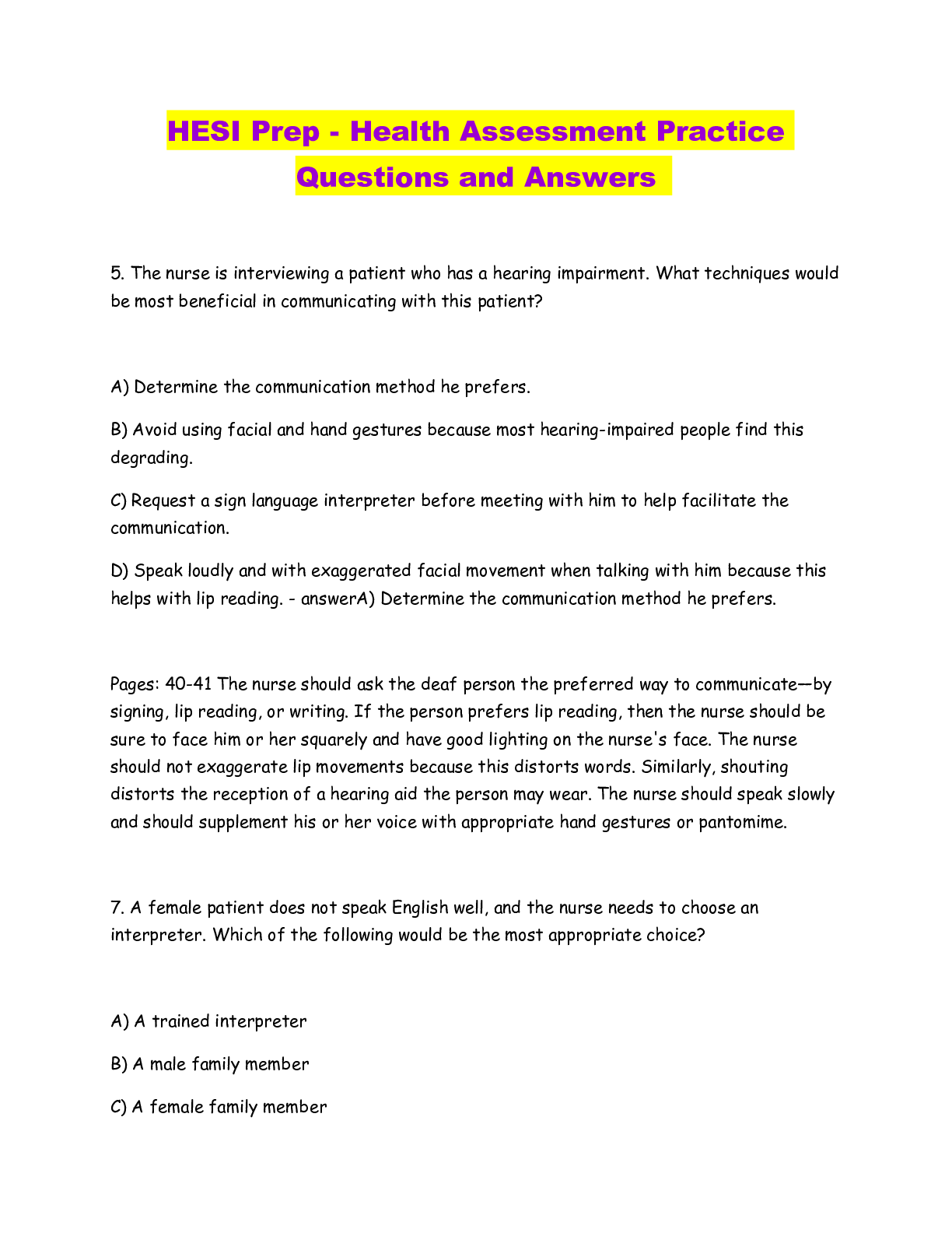 HESI Prep Health Assessment Practice Questions and Answers Browsegrades